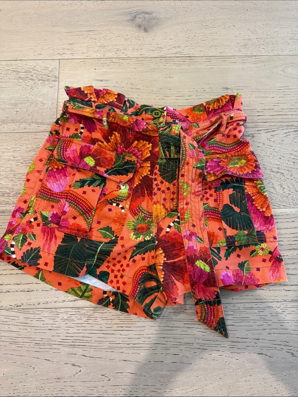 Farm Rio - Floral Orange High-Waist Belted Skirt - M